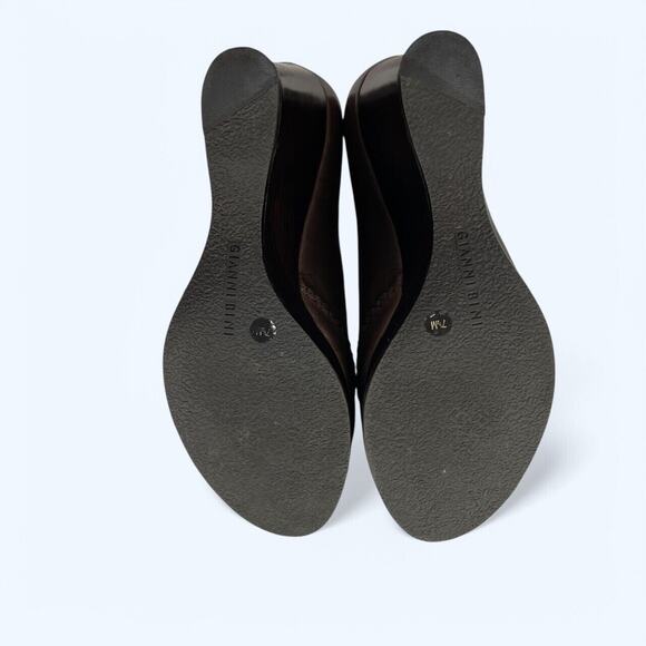 Gianni Bini Brown Leather Open Toe Wedge Heels 7.5M - Picture 6 of 7